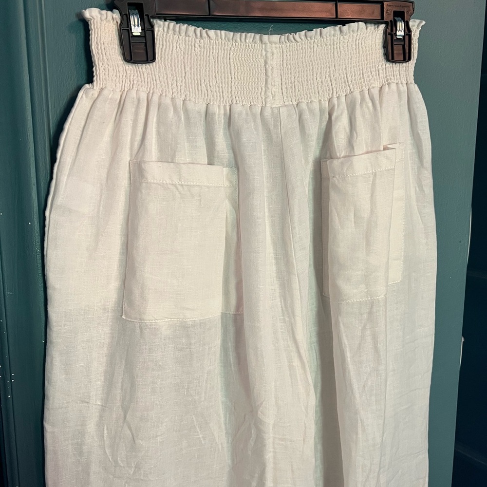 White Smocked Waist Linen Pants - Picture 3 of 5